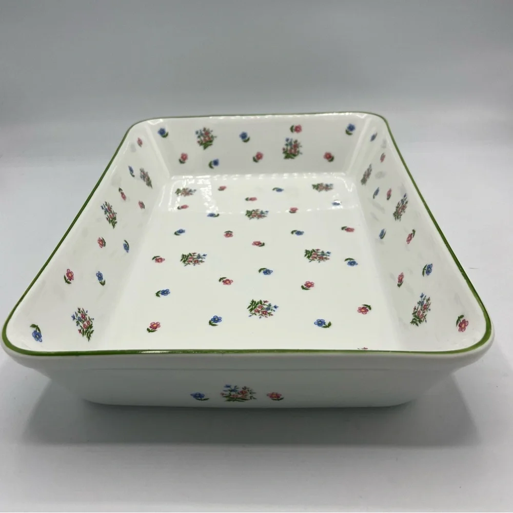 Andrea By Sadek Floral Rectangular Dish - White with Green Trim